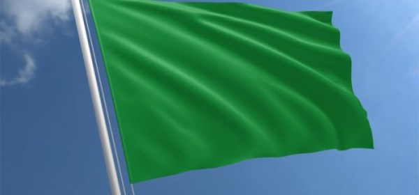 Image of a green flag against a clear sky